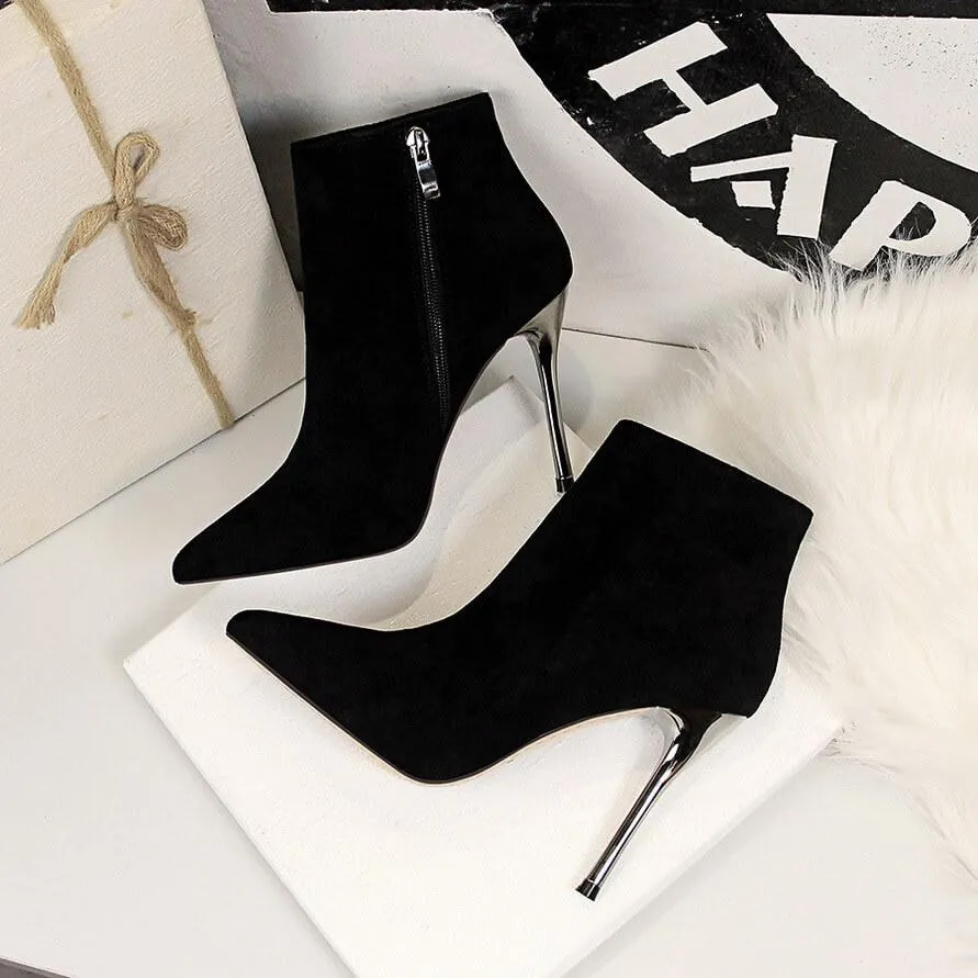 Winter Black Suede Point Toe Zipper High Heel Boots
