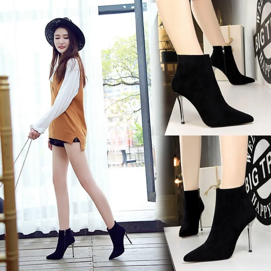 Winter Black Suede Point Toe Zipper High Heel Boots