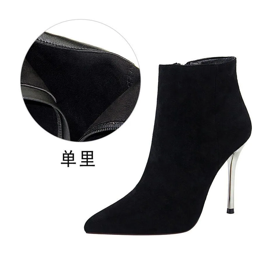Winter Black Suede Point Toe Zipper High Heel Boots