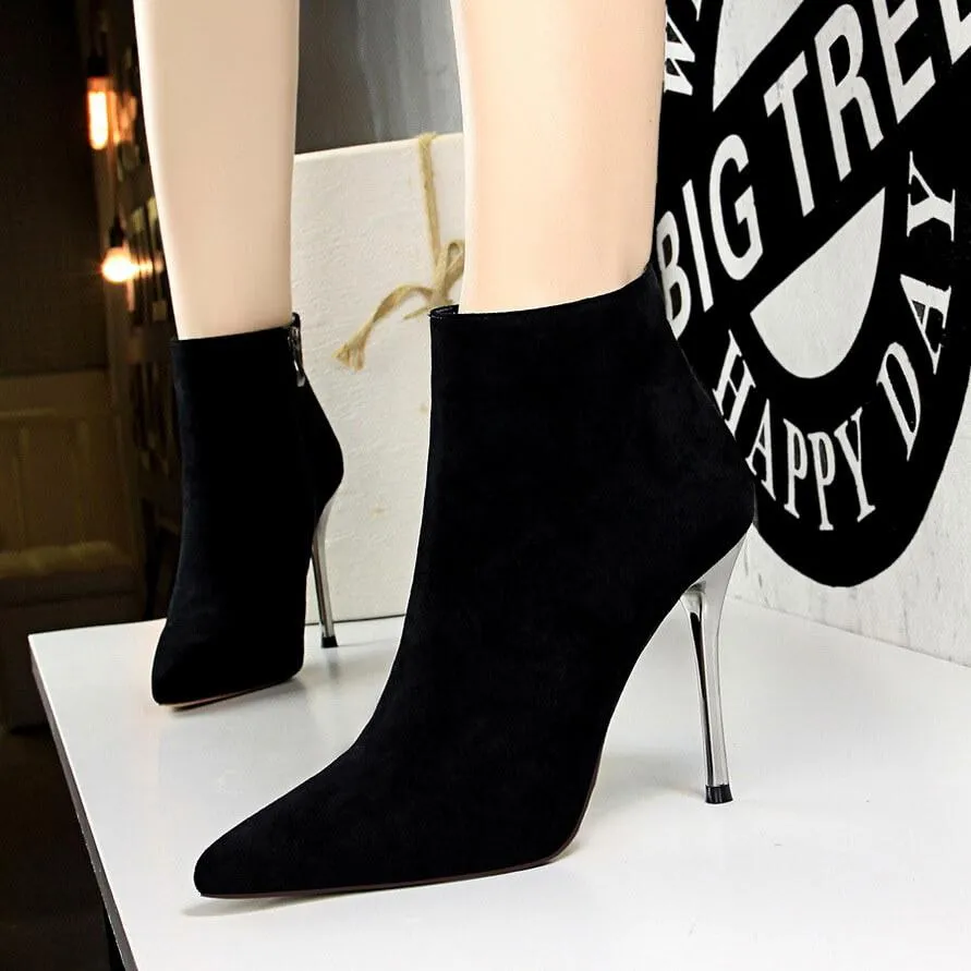 Winter Black Suede Point Toe Zipper High Heel Boots