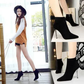 Winter Black Suede Point Toe Zipper High Heel Boots
