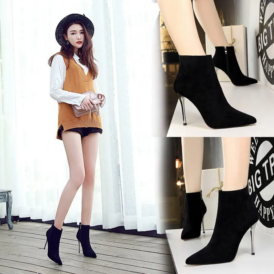 Winter Black Suede Point Toe Zipper High Heel Boots
