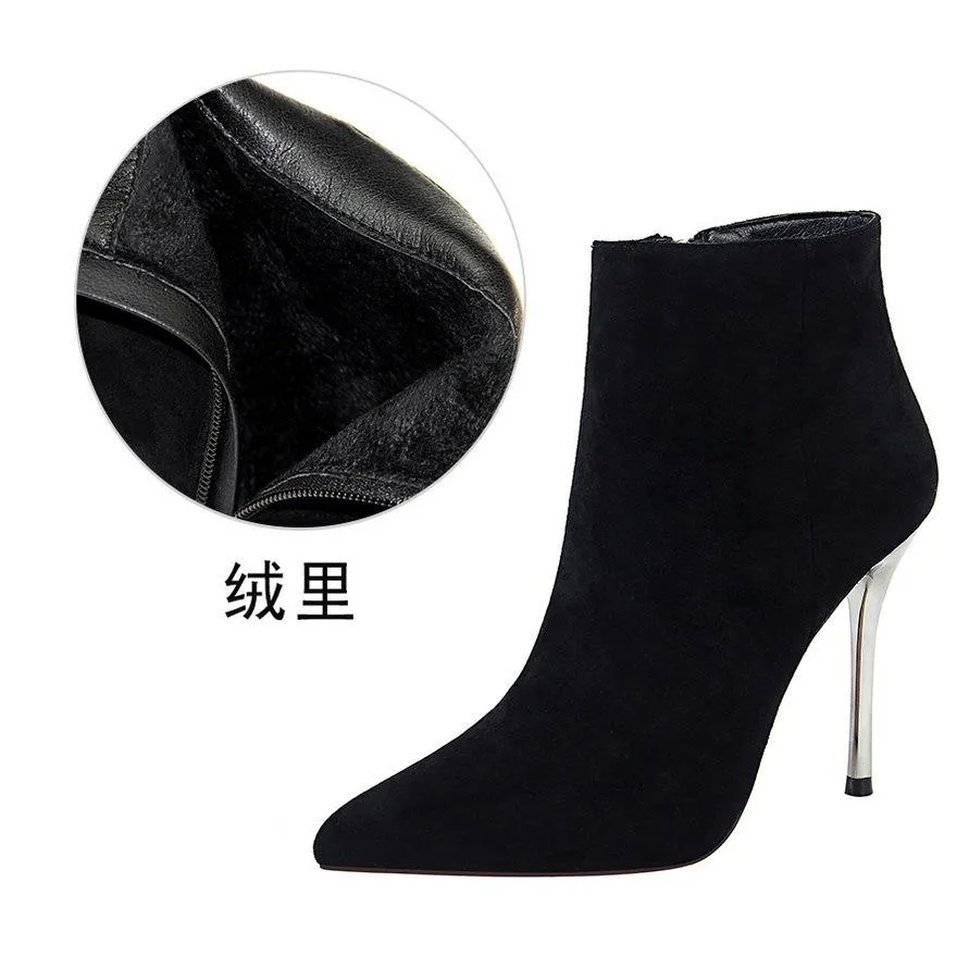 Winter Black Suede Point Toe Zipper High Heel Boots