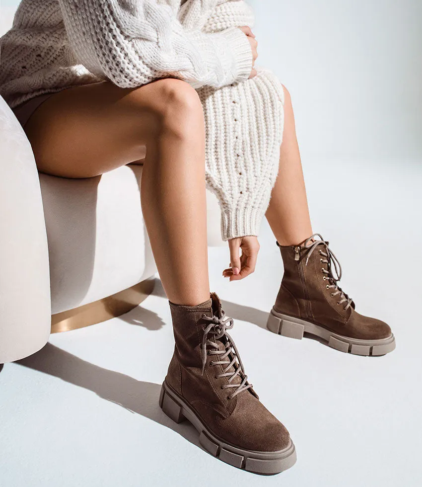 WOLFE Lace Up Boot on Chunky Sole in Beige Suede