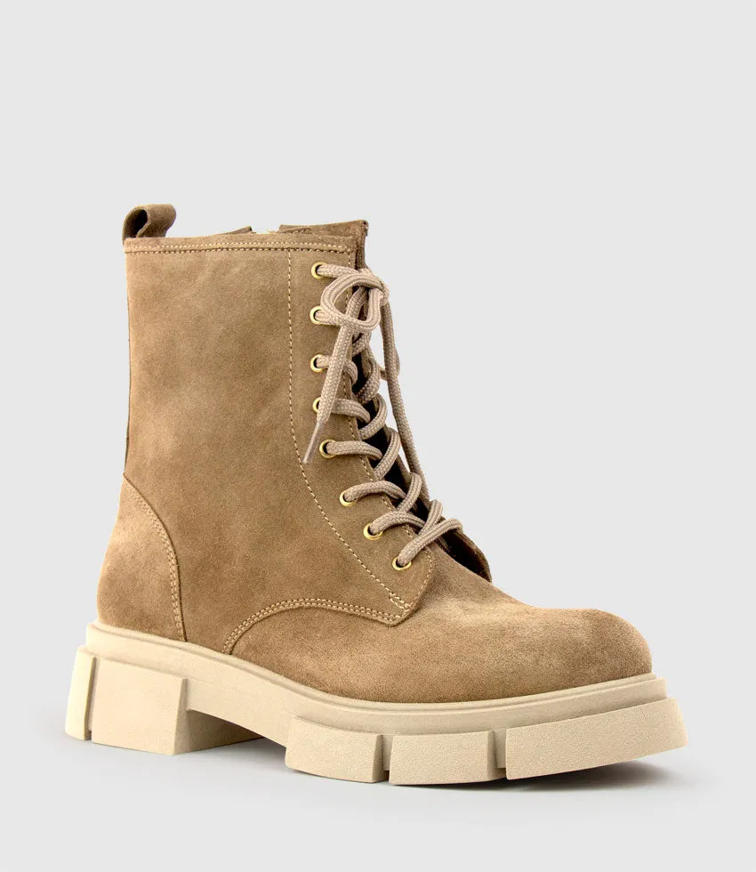 WOLFE Lace Up Boot on Chunky Sole in Beige Suede
