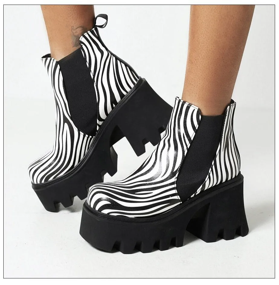 Women Cow Pattern Platform Chelsea Elastic Band Boots