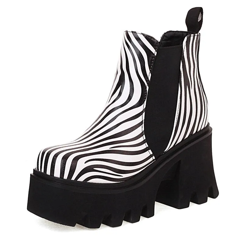 Women Cow Pattern Platform Chelsea Elastic Band Boots