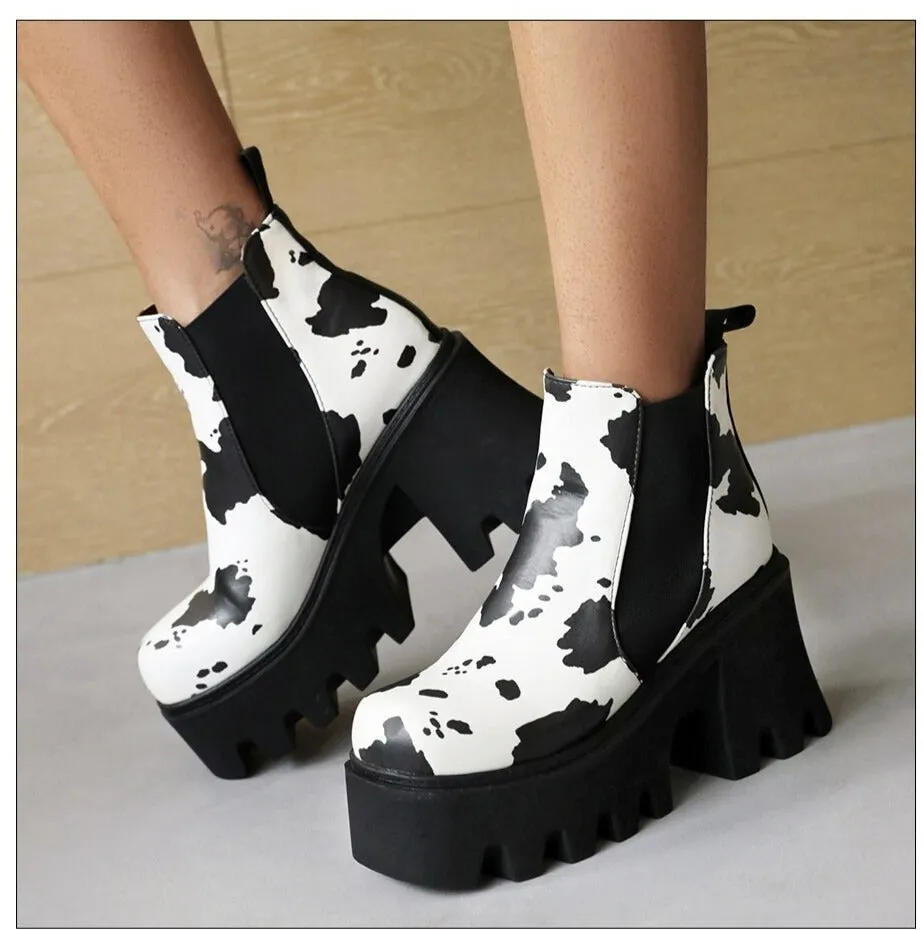 Women Cow Pattern Platform Chelsea Elastic Band Boots